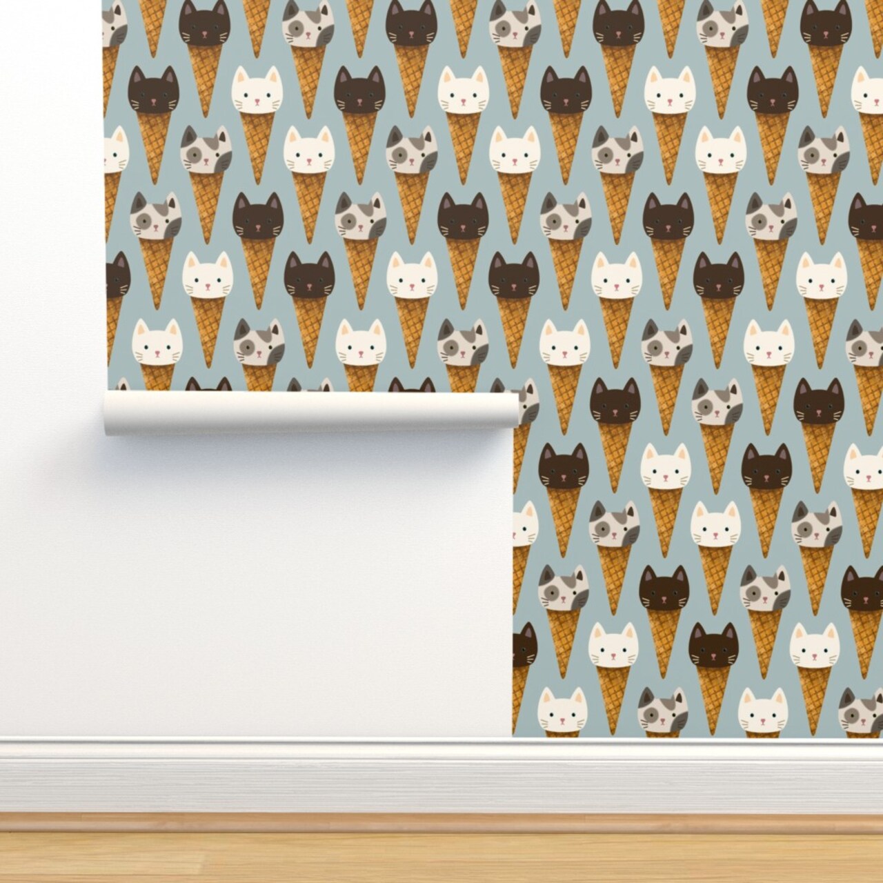 Whimsical Cats Ice Cream Cute Kittens Cone Kids Blue Sweet Food Animals Custom Pre-pasted Wallpaper by Spoonflower Pre-Pasted Wallpaper 2FT Wide